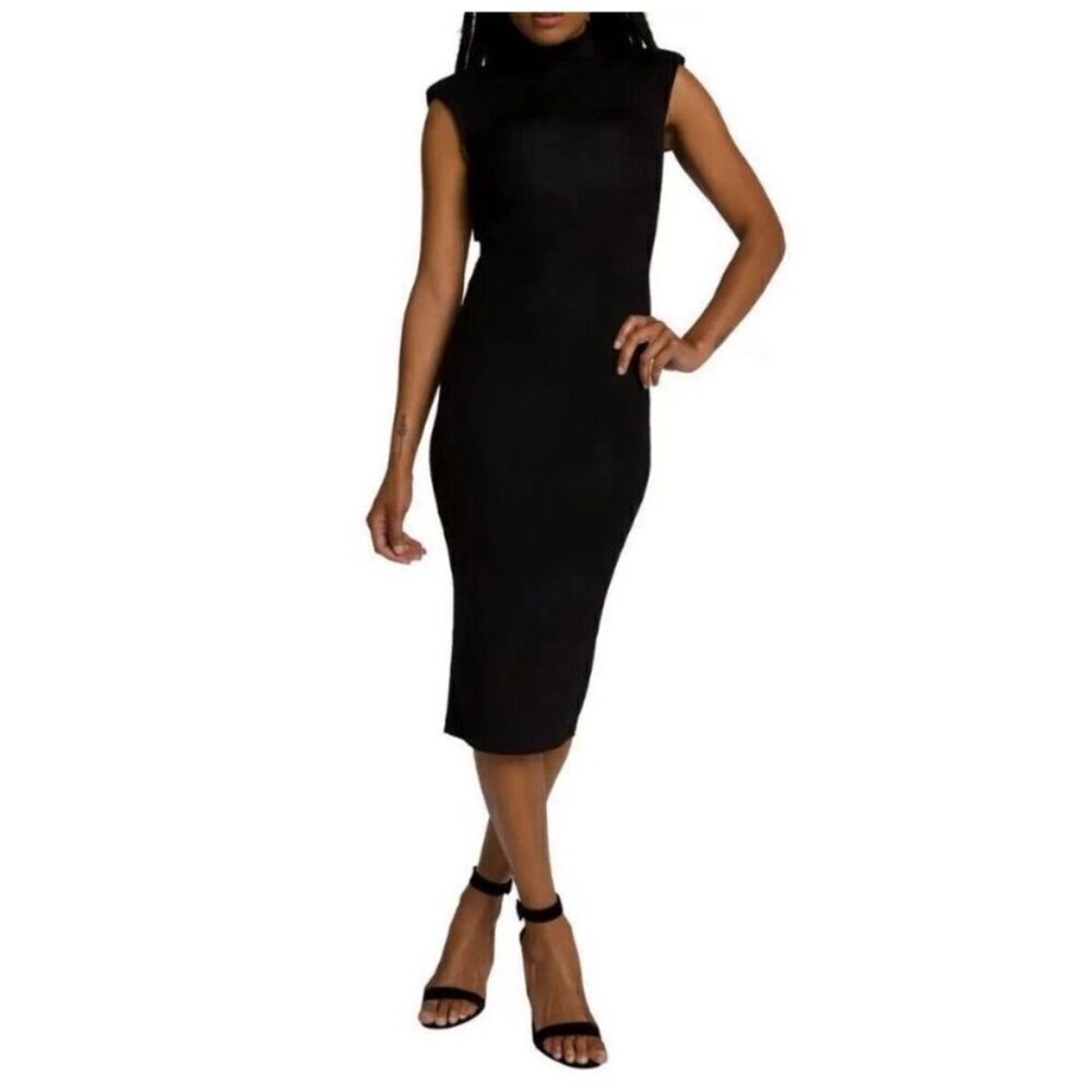 Good American T Shirt MIDI Maxi Mock Neck Meghan Sleeve Dress w/shoulder pads